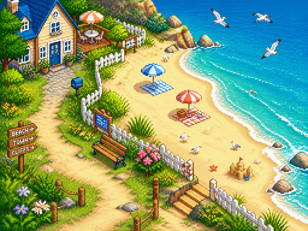 The same pixel-art beach clean and sunny with tidy dunes and clear water