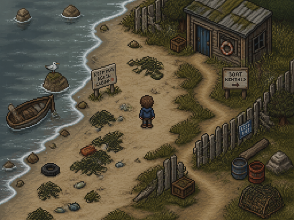 Pixel-art beach covered in litter and tangled netting