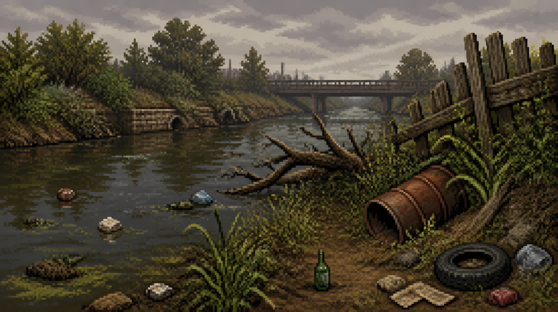 Pixel-art river choked with rubbish under a grey sky