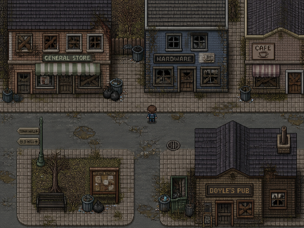 Pixel-art town street boarded up with overflowing bins